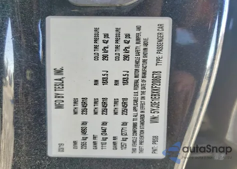 2019 Tesla Model 3 from USA, damaged, VIN 5YJ3E1EBXKF208678